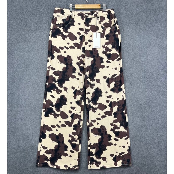 Oat New York Denim - OAT New York Wide Leg Jeans Womens 12/31 Brown Cow Print High Rise Western Rodeo